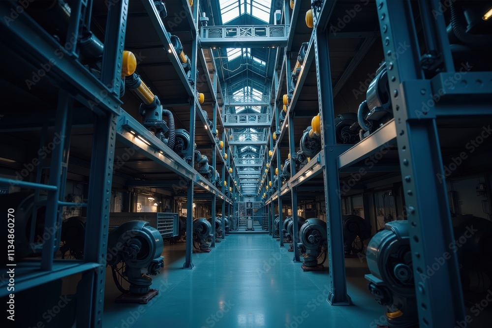 Poster industrial robotic technology in modern factory setting showcasing advanced machinery and automation