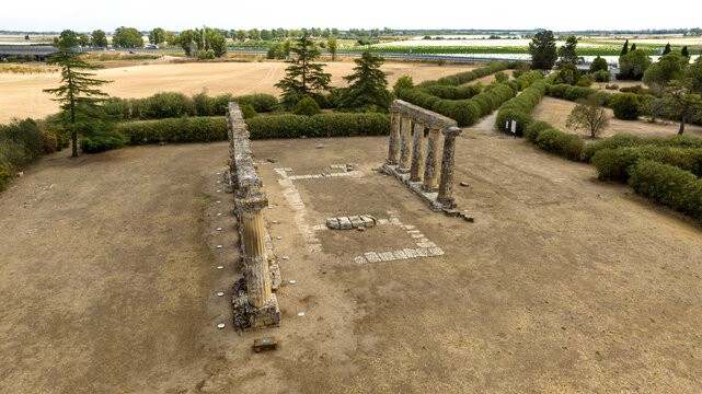 Aerial view of the Tavole Palatine ("Palatine Tables") located in Metaponto, Basilicata, Italy. They are the remains of a hexastyle peripteral Greek temple of Magna Graecia.