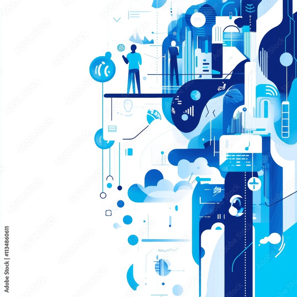 Poster digital landscape filled with abstract shapes and figures exploring technology and innovation in a v