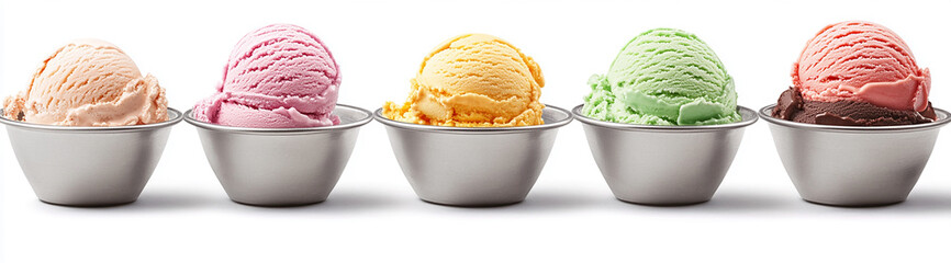 ice cream in metal bowls, each with different colors and shapes, arranged side by side on a white background