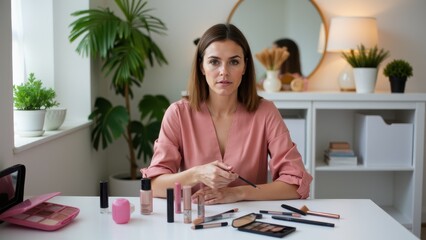 A beauty blogger demonstrating makeup application in a bright, stylish studio, with various cosmetic products neatly arranged on the table