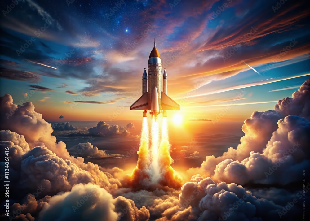 Aufkleber creative business launch with rocket spaceship: a high depth of field illustration of innovation and