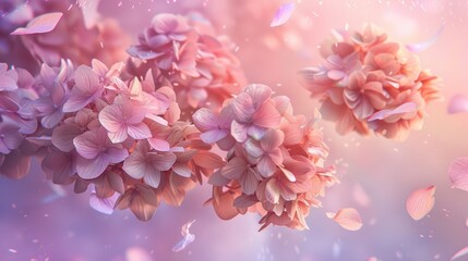 a bunch of pink flowers are in the air with pink petals flying around them on a pink and purple background with a pink and white background.