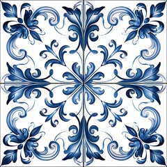 Classic Blue Ceramic Tile with Symmetrical and Ornamental Floral Art