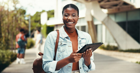 Portrait, confident and education for woman, tablet and student with scholarship, college and...