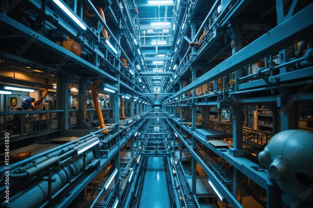 Poster thriving robotic factory interior with automated arms and modern technology showcasing innovative ma
