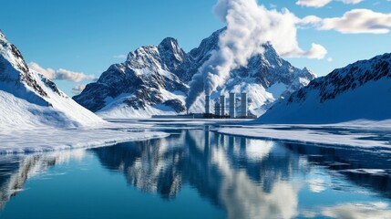 Frozen Peaks Power Plant - Industrial facility nestled in a frigid, mountainous landscape, symbolizing energy production, environmental impact, winter, reflection, and industrialization.