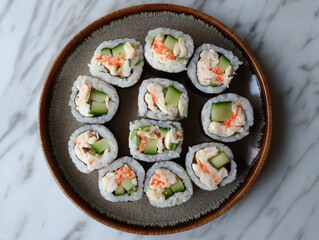 Delicious sliced sushi rolls with crab and cucumber.  Fresh and appetizing food.