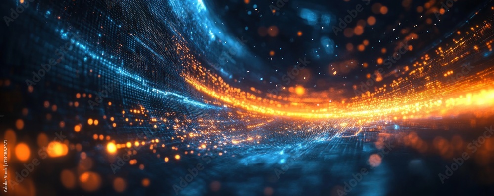 Poster futuristic digital background in neon blue and orange, abstract tech design with high contrast and s
