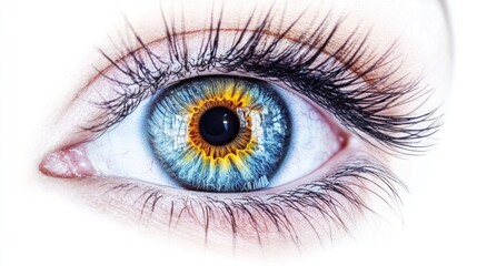 A beautifully realistic human eye with detailed veins and vibrant iris colors, isolated on a white background.