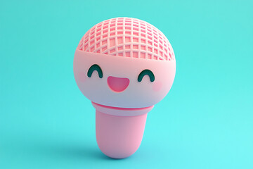 A pink, cartoon microphone with a happy face on a light teal background.