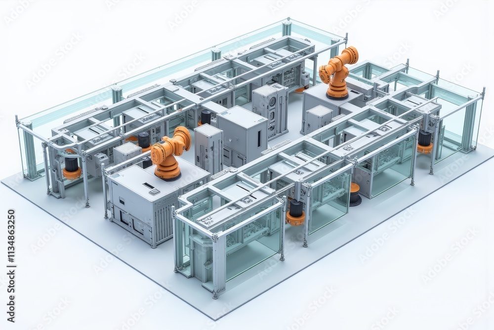 Poster innovative modular automation system featuring robotic arms and advanced industrial design for enhan