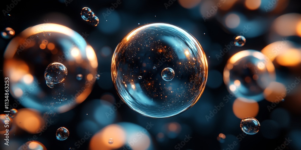 Poster floating bubbles glisten in an ethereal dance, capturing light and reflections in a mesmerizing disp