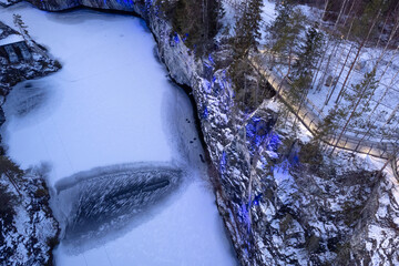  a beautiful view of the illumination of the ruskela mountain park. republic of karelia