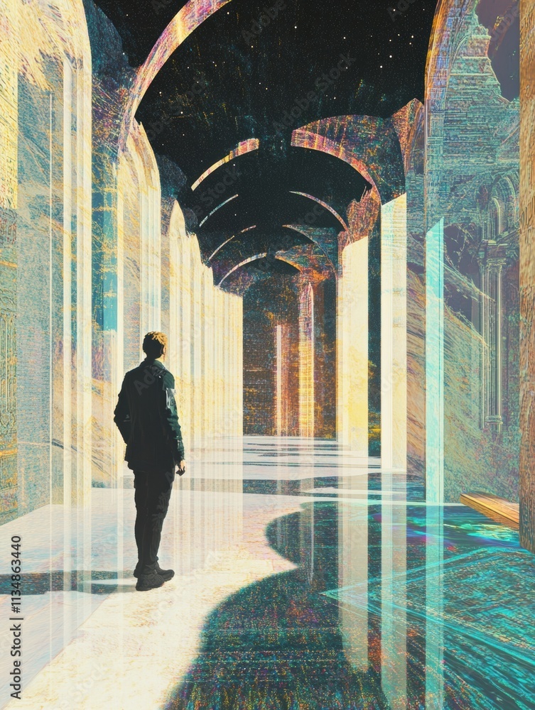 Aufkleber A visitor explores a digital gallery filled with vibrant virtual artworks and interactive avatars, surrounded by a mesmerizing architecture. Generative AI