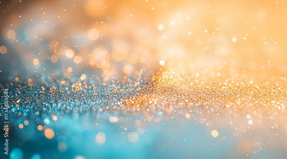 Poster captivating shimmer of golden and turquoise bokeh lights dancing in a luminous background, creating 