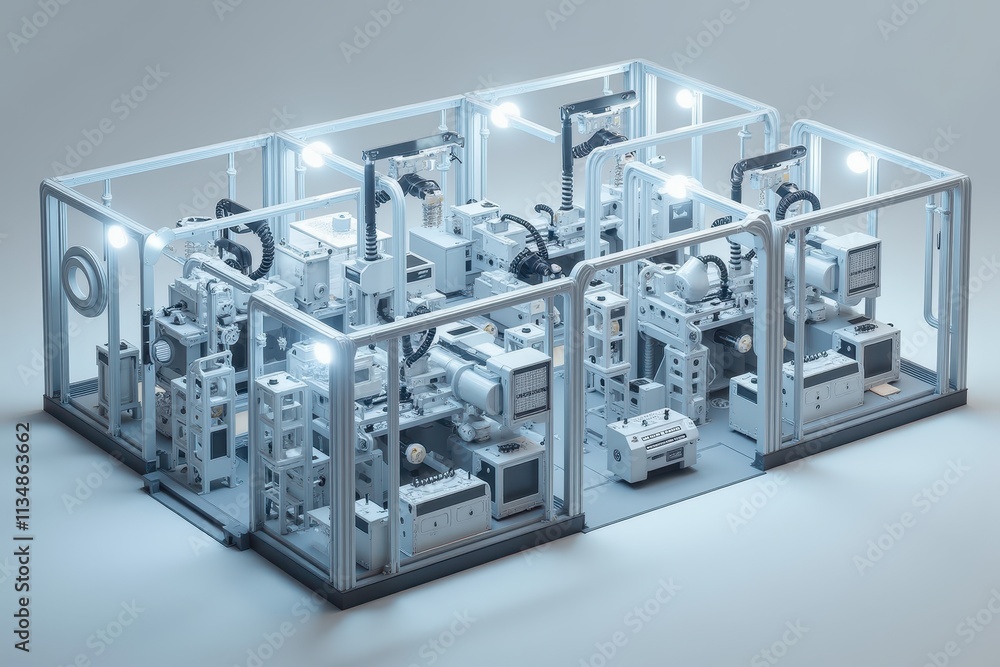 Poster futuristic modular automation system showcasing high-tech machinery, control panels, and innovative 