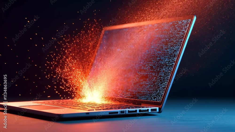 Poster futuristic digital explosion emerging from laptop keyboard with sparks and data streams
