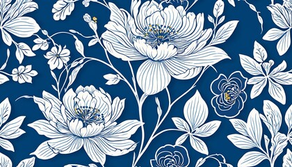 Blooming Vintage Floral Seamless Pattern. Blue and White spring Flowers . Chinoiserie Style