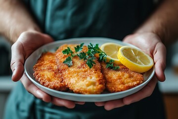 A delicious plate of Wiener Schnitzel, perfectly fried and garnished with fresh parsley, is served with lemon slices on the side, showcasing a crispy golden crust and inviting aroma.