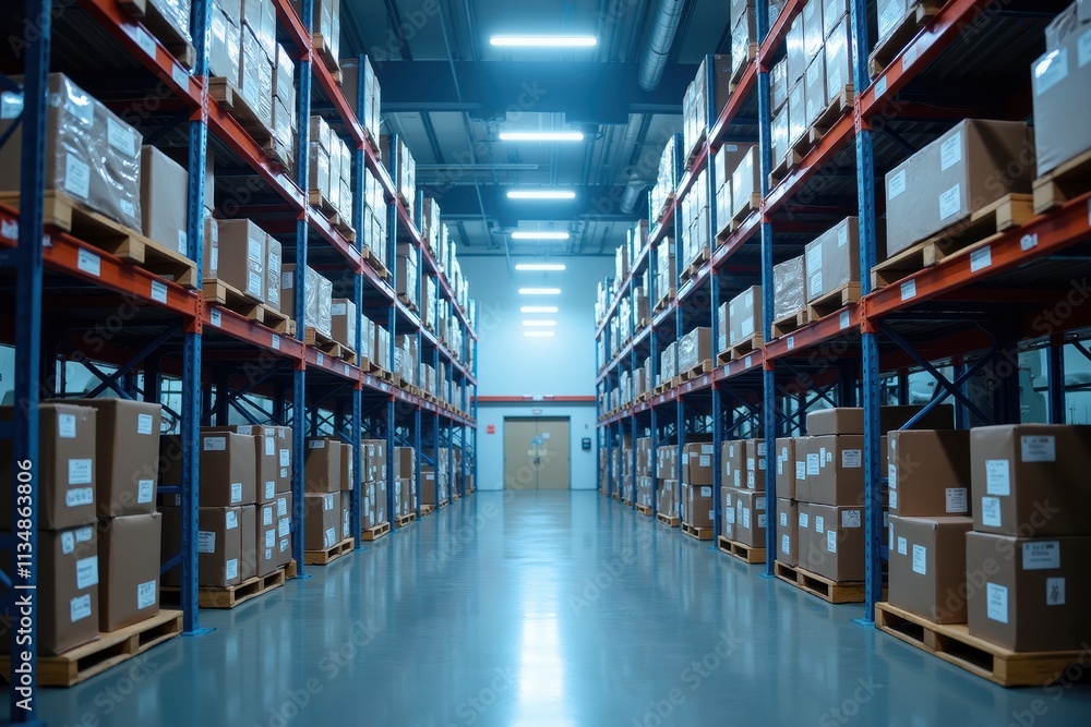 Poster efficiently operated warehouse between aisles stacked with cardboard boxes on pallets under brightly