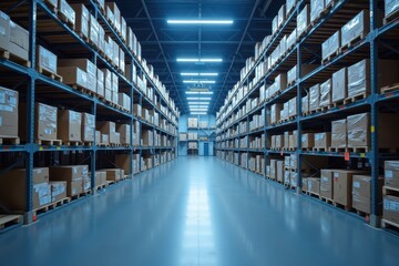 Fototapeta premium Vast Aisles of a Well-Organized Warehouse with Shelves Stacked High with Cardboard Boxes and Efficient Lighting Illuminating the Working Space