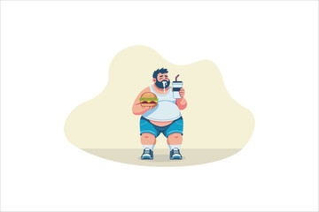 Illustration Fat obese man eating fast food, bad habit. Vector illustration.