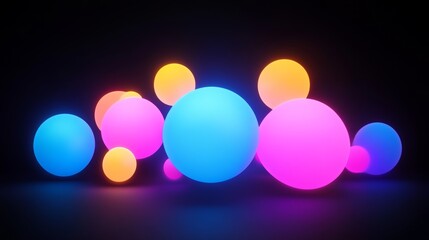 Group of neon colored balls are arranged in a circle on a dark background. The balls are of different sizes and colors, creating a vibrant and dynamic scene. Scene is energetic and lively