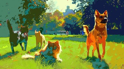 A cat and dogs play in the park ,Generative Art
