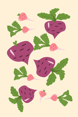 Variety of fresh radishes and turnips with green leaves on beige background.