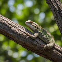 A lizard sunbathing on a tree branch.