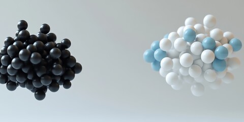 Two balls, one black and one white, are floating in the air. The black ball is surrounded by many other black balls, while the white ball is surrounded by many other white balls