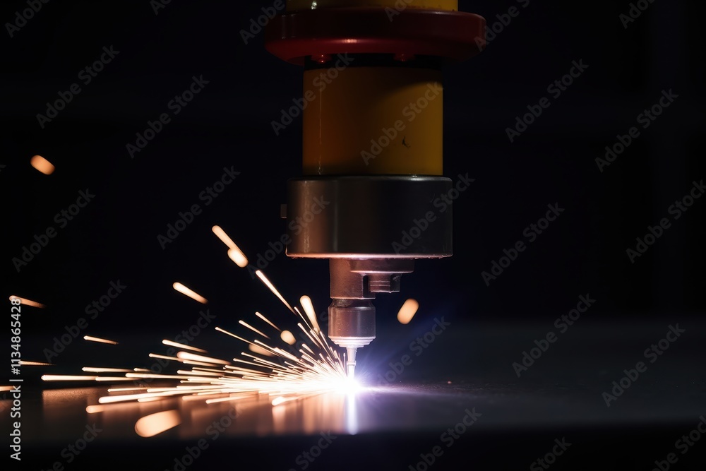 Poster precision welding process captured in action with bright sparks emitting from the welding torch on a