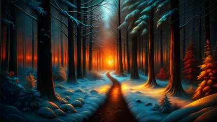 Path in snowy woodland surrounded by snow-covered trees, soft light illuminating the snowy ground, minimalist winter setting