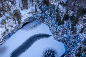  a beautiful view of the illumination of the ruskela mountain park. republic of karelia