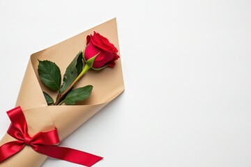 Elegant Single Red Rose Gift Wrapped in Kraft Paper with Red Ribbon Perfect for Valentine's Day, Anniversary, or Special Occasion