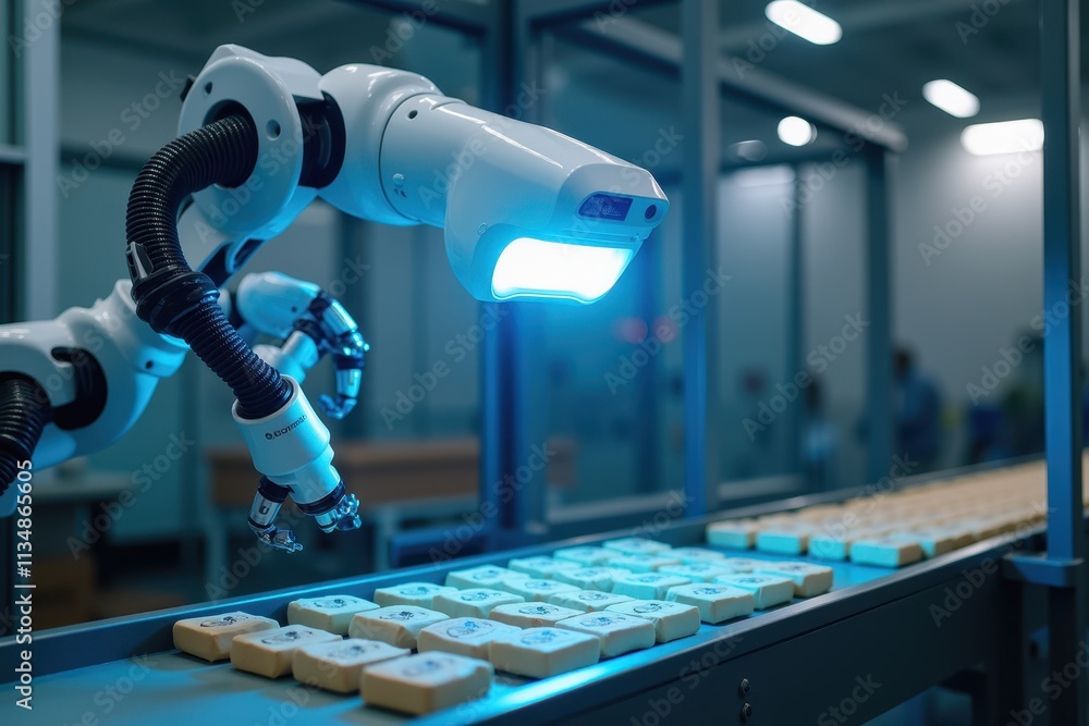 Poster robotic arm performing quality inspection on products in a modern factory setting with advanced syst