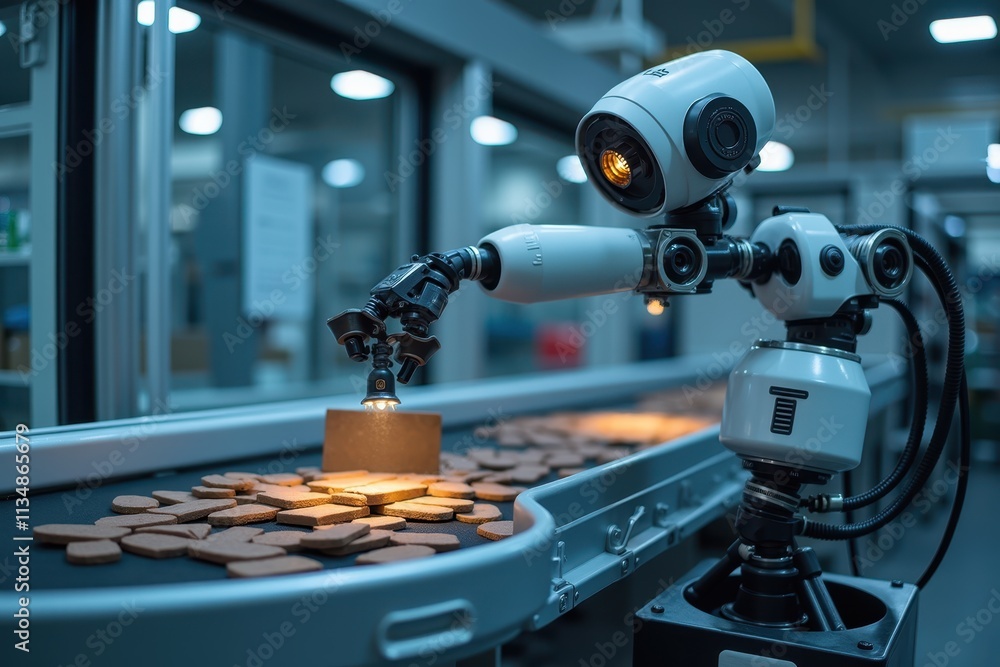 Poster advanced robotic arm performing quality inspection in a modern manufacturing system with automated p