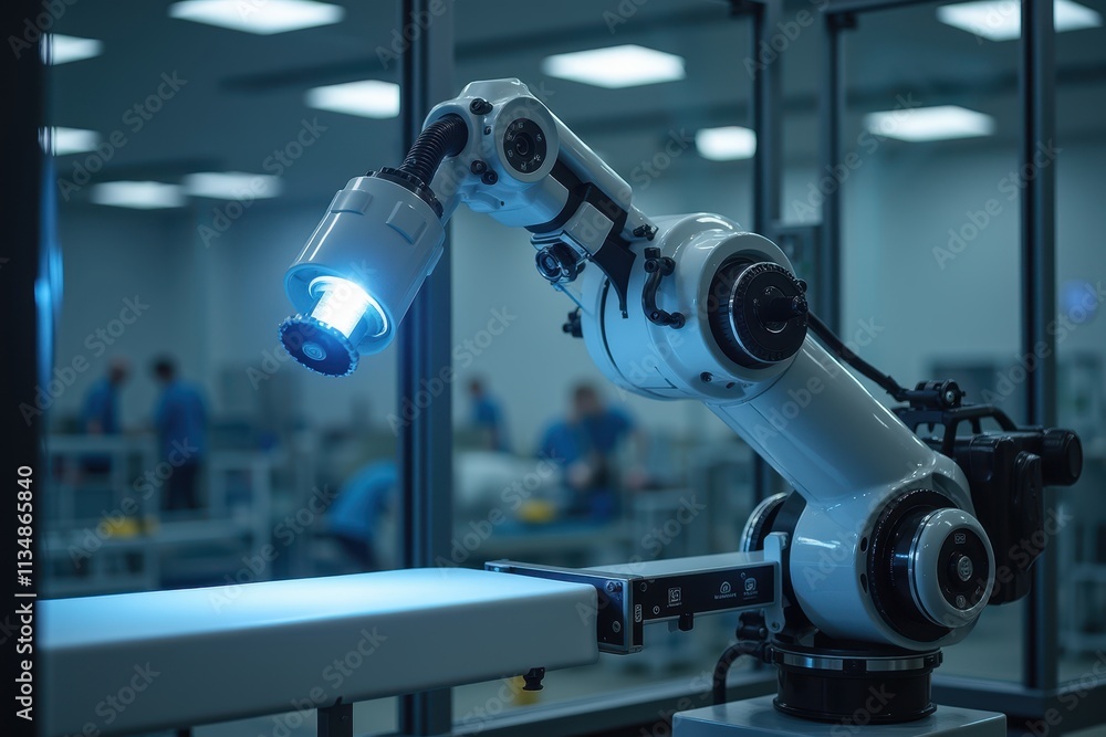 Poster advanced robotic arm performing quality inspection in a high-tech laboratory environment with blue l