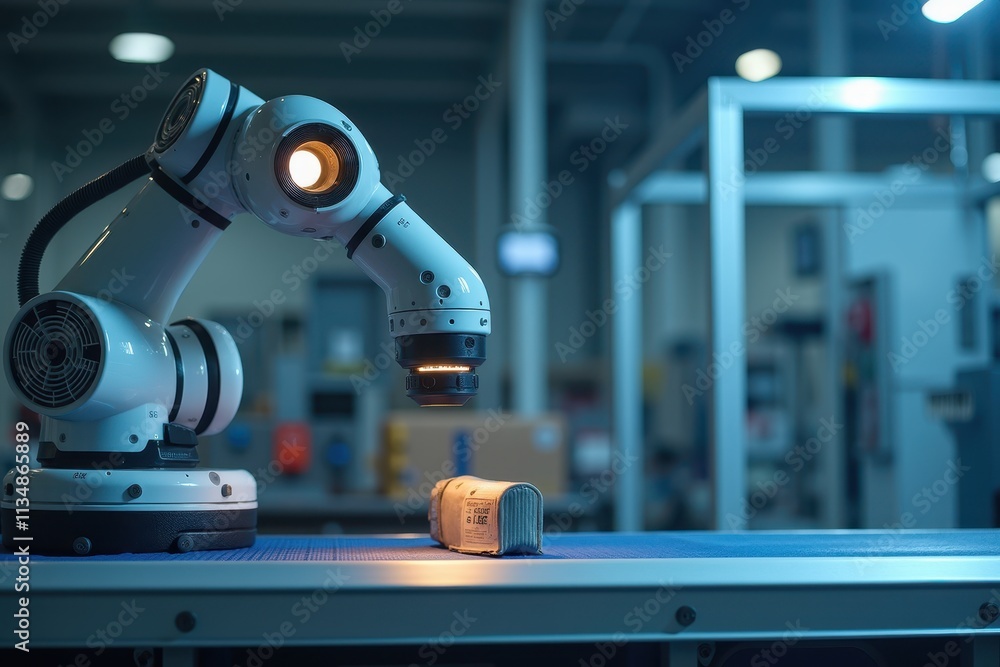 Poster robotic arm conducting quality inspection in a modern industrial automation system with a focus on p