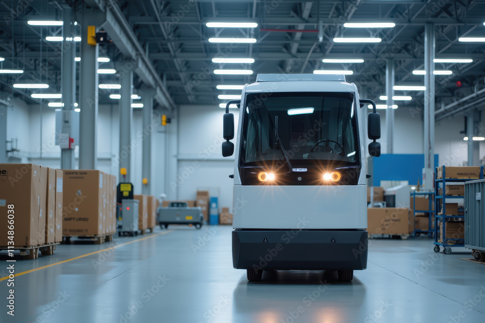 Poster guided vehicle in modern factory environment showcasing advanced technology and efficient logistics 