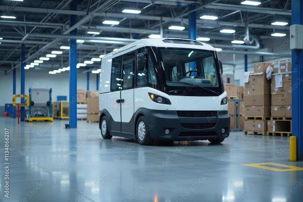 Poster modern guided vehicle in a spacious factory warehouse with organized storage and efficient design fo
