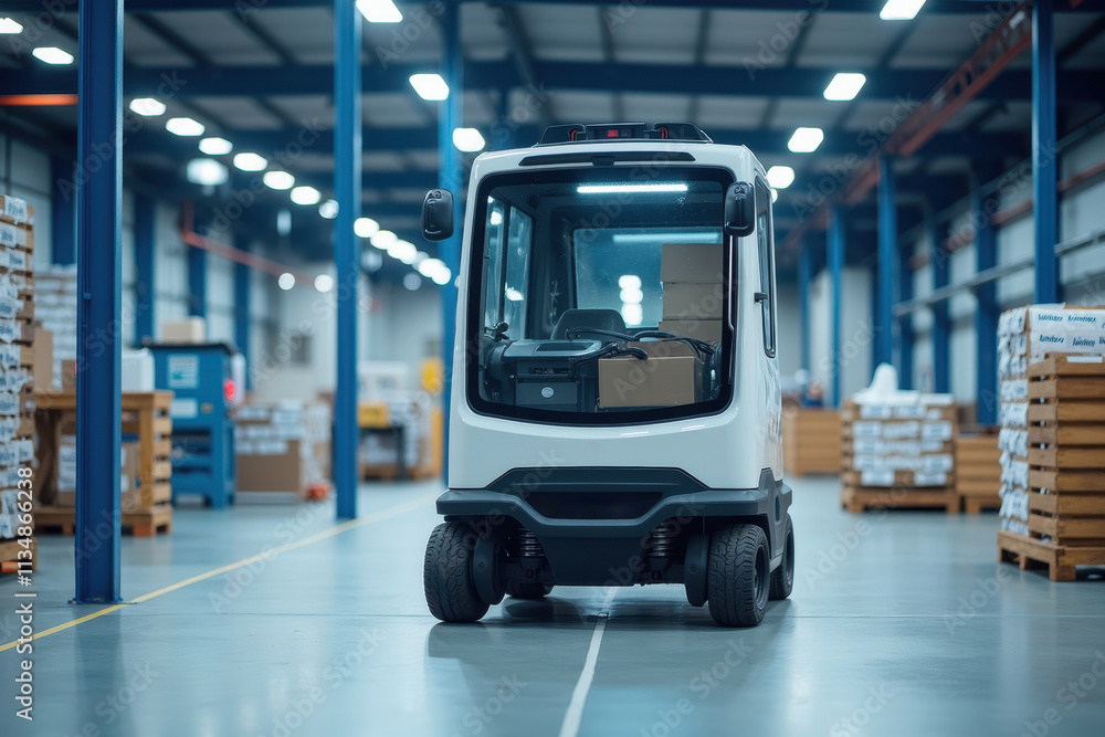 Poster compact guided vehicle in a modern factory environment for efficient warehouse operations and logist