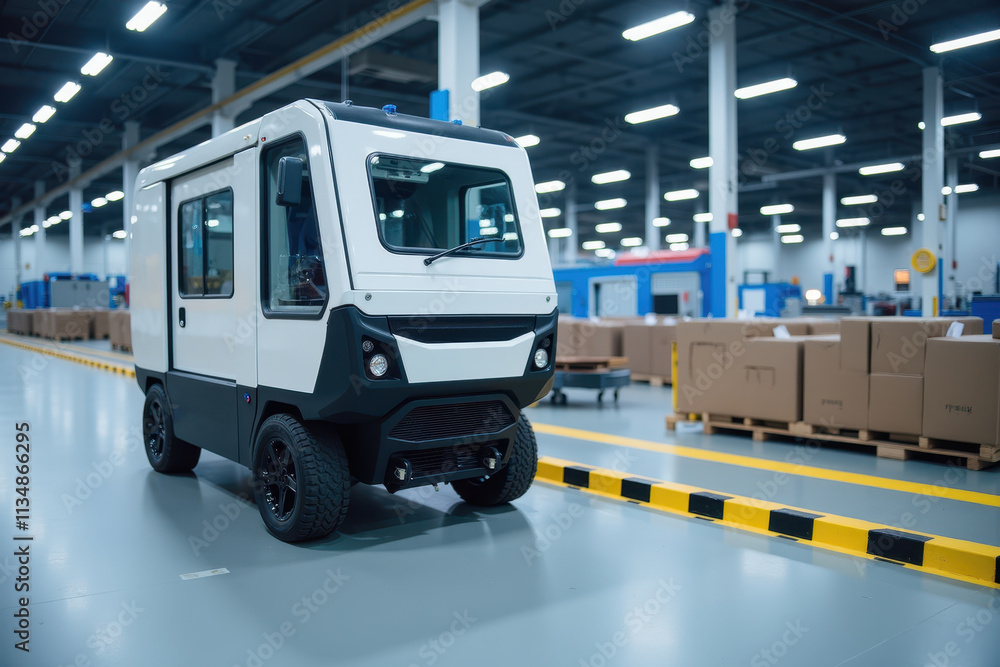 Poster modern guided vehicle in a factory setting for efficient transportation and logistics solutions amid