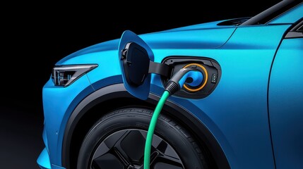 Electric Vehicle Charging Blue EV Car Green Cable Energy