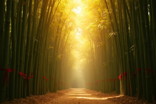 Tranquil Pathway Through a Lush Bamboo Forest with Soft Golden Light and Red Ribbons, Evoking a Serene and Mystical Atmosphere in Nature - Powered by Adobe