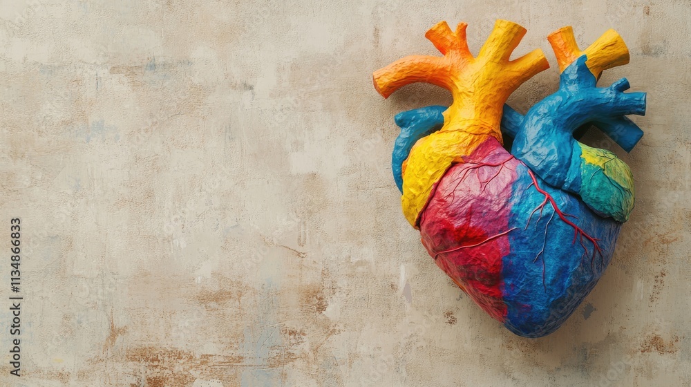 Poster artistic rendering of the human heart in vibrant colors, focusing on its complex structures and phys