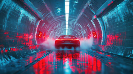 A sleek car drives through a colorful tunnel, illuminated by vibrant red and blue lights, creating a futuristic and dramatic atmosphere.