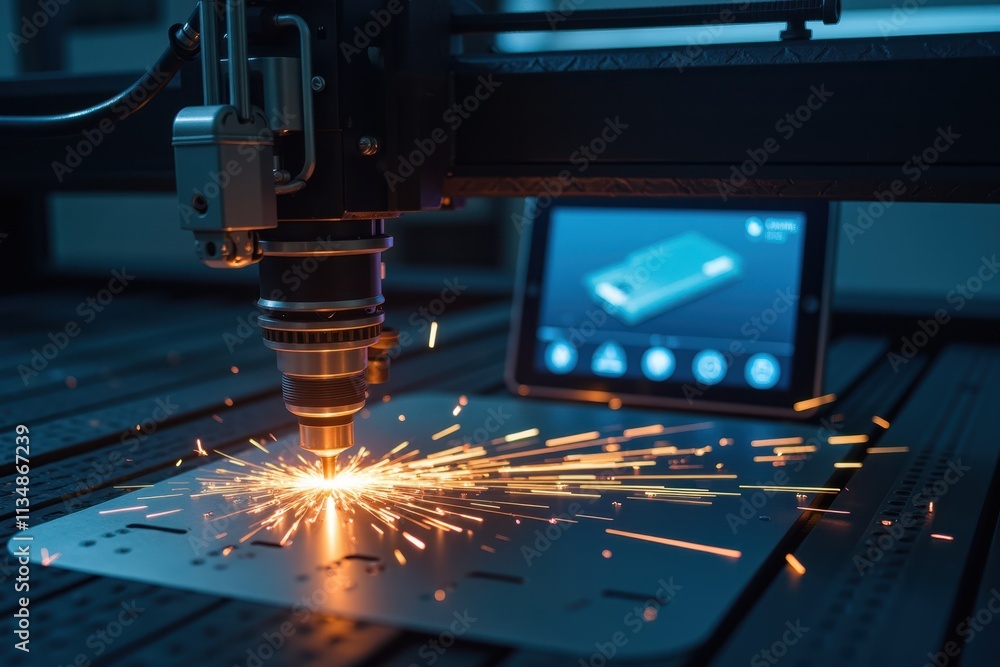 Poster advanced machine engraving process with laser technology observed in modern factory setting featurin