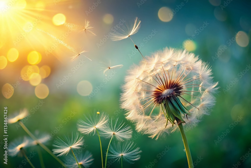 Poster dandelion seed head blowing in the wind with soft focus background and copy space for text in a sere